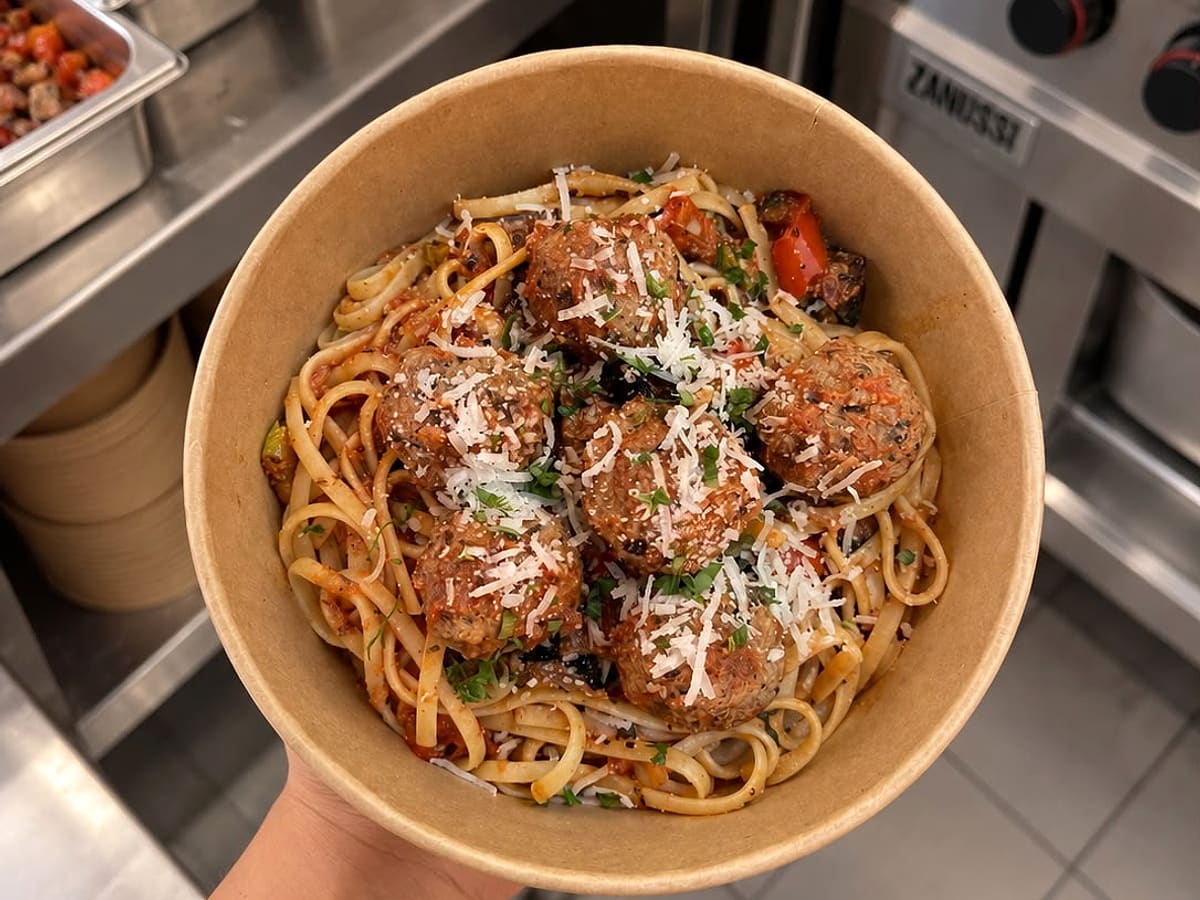 Linguine aux boulettes, sauce tomate & parmesan