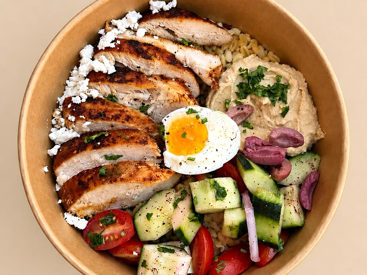 Bowl poulet, houmous, œuf mollet & crudités